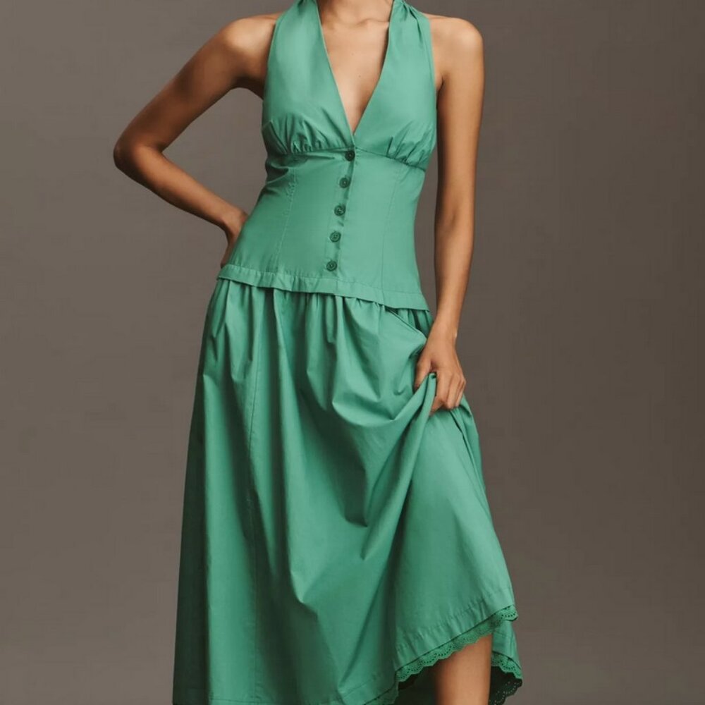 Anthropologie Halter V-Neck Drop-Waist Midi Dress Cotton Sundress By Maeve NWT